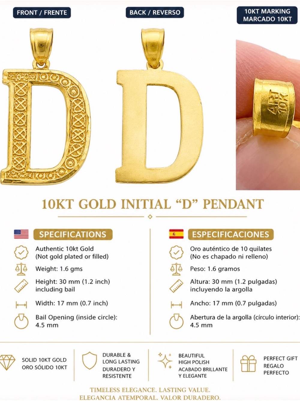 10KT Gold Initial D Pendant - Gold Letter D Necklace